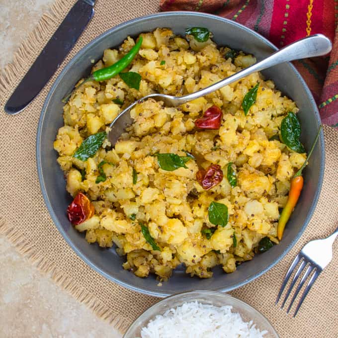 Potato Masala (Curry) All dished up an garnished with fresh green chillies and cilantro.