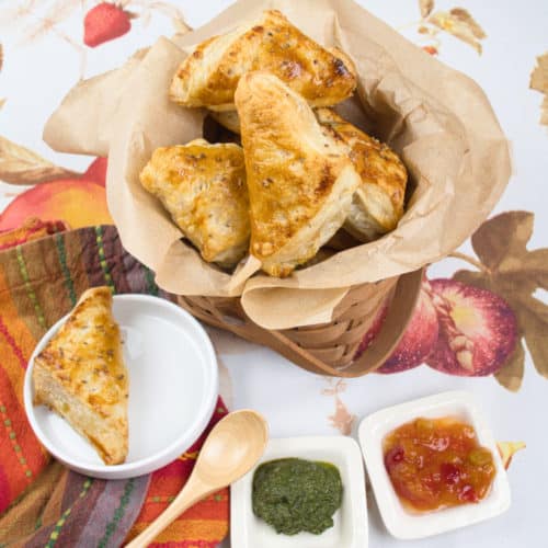 Flaky Puff Pastry Samosas Served up with two chutneys