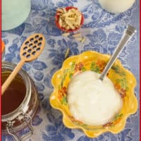 How to Make Homemade Yogurt (Stove) Homemade yogurt served with honey and nuts.