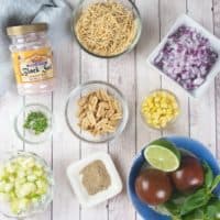 Chaat Recipe with Goldfish ingredients gathered.