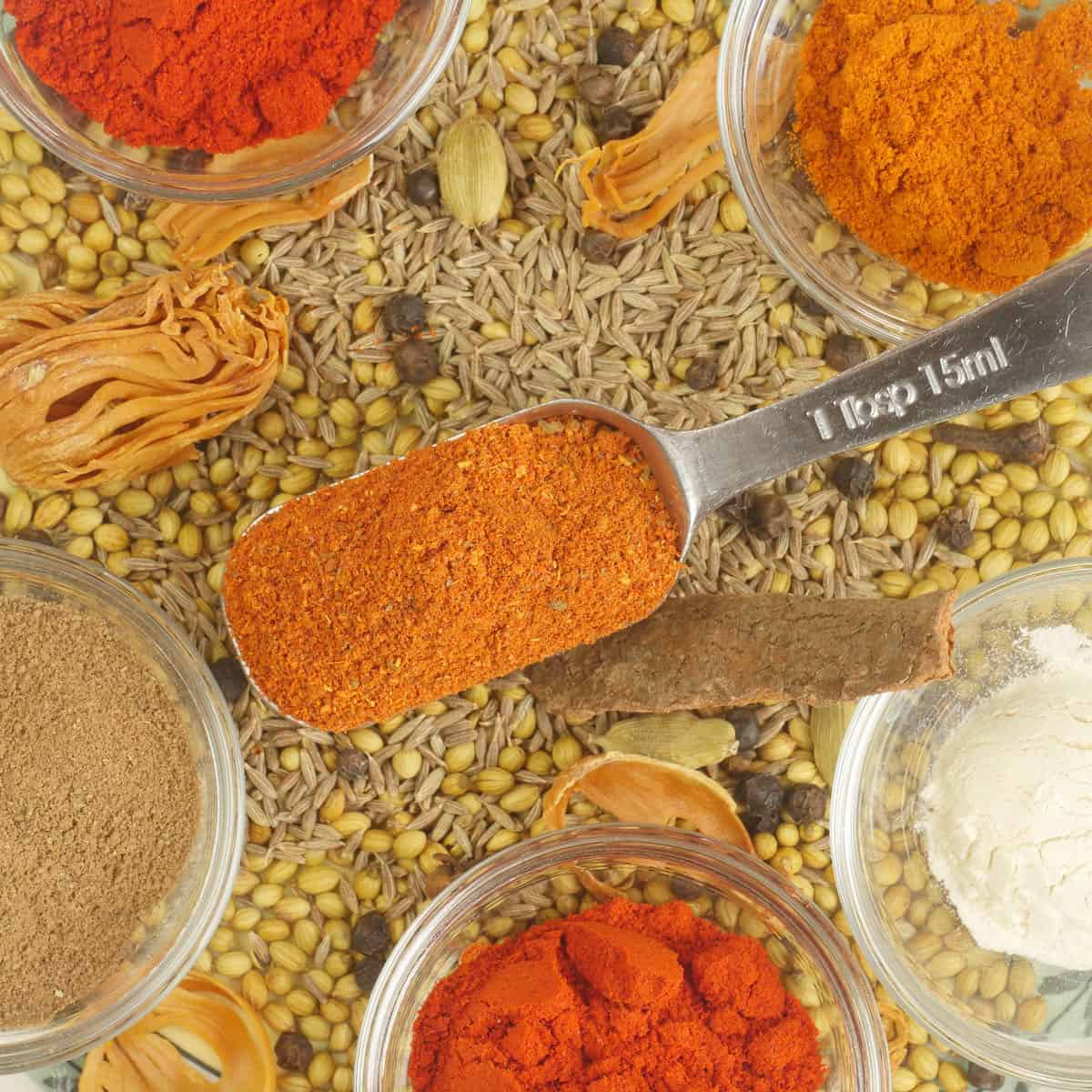 Tandoori masala powder on a bed of the individual spices.