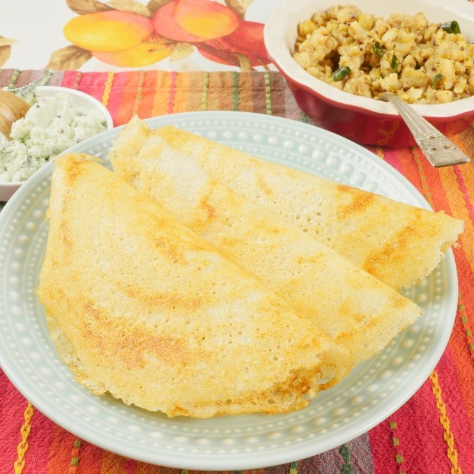 Make Indian Dosa Flatbreads three beautiful dosas side by side, ready for sambar or coconut chutney