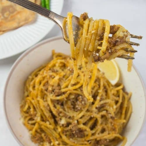 Indian Spaghetti Bolognese a bowl full of bolognese and a fork twirled full of perfectly coated pasta