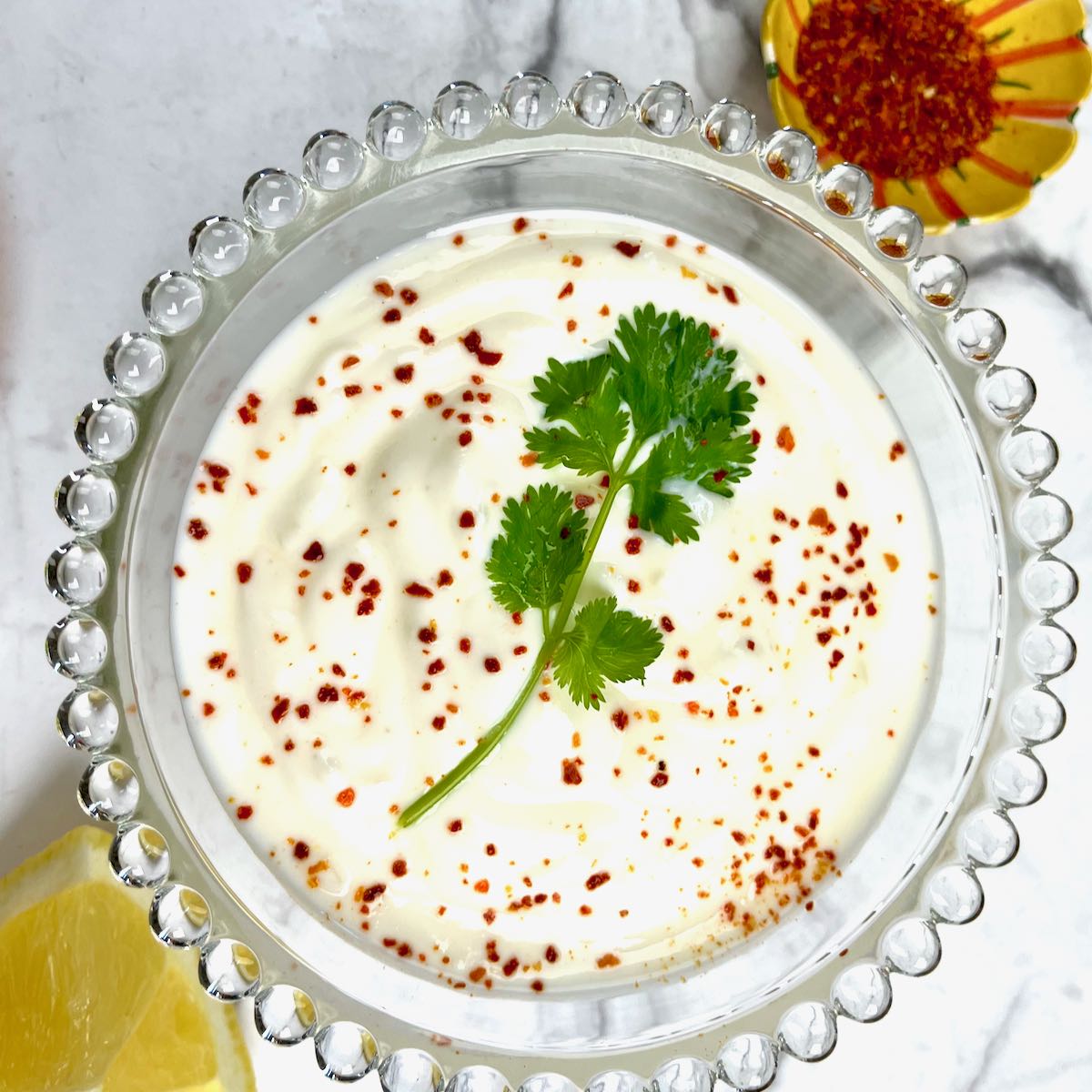 Raita for Biryani & Pulao garnished with a frilly bunch of cilantro and accompanied by sliced shallot.