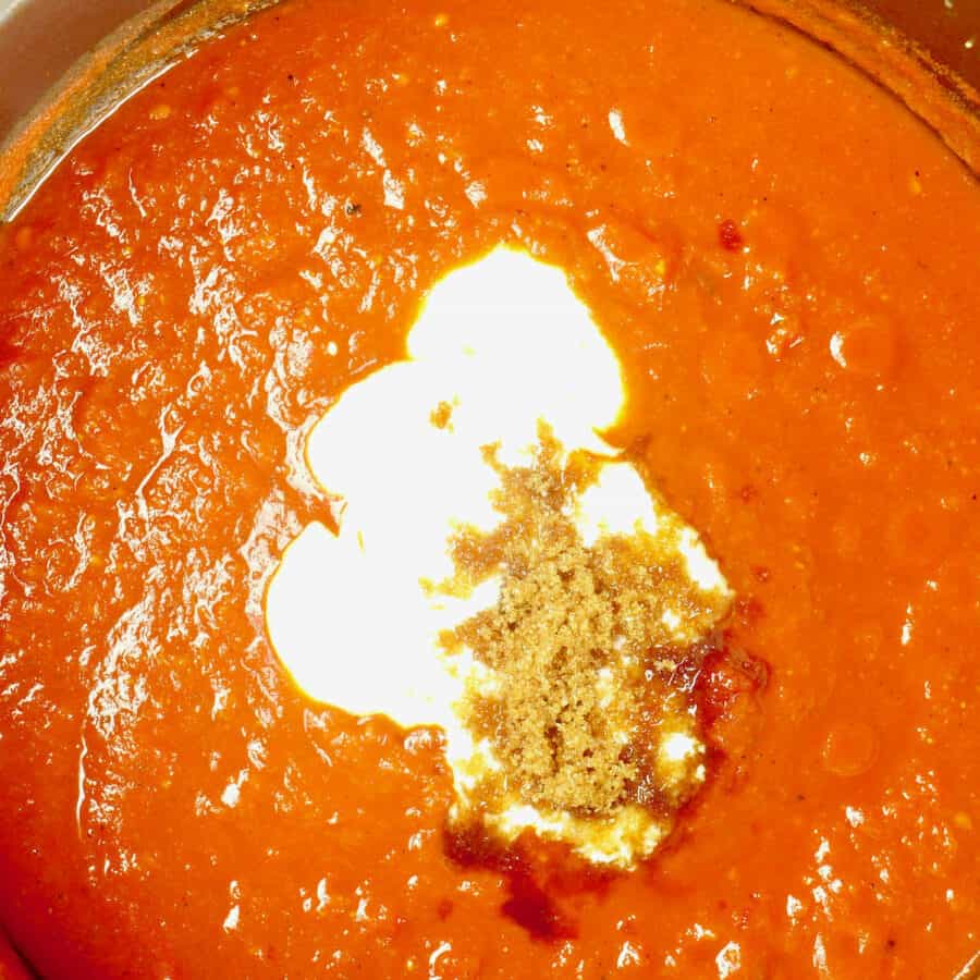 The soup finished simmering and adding the final touches of cream and brown sugar.