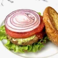 Air Fryer Turkey Burgers served in a bun with a slice of red onion, tomato, ketchup and and mayo